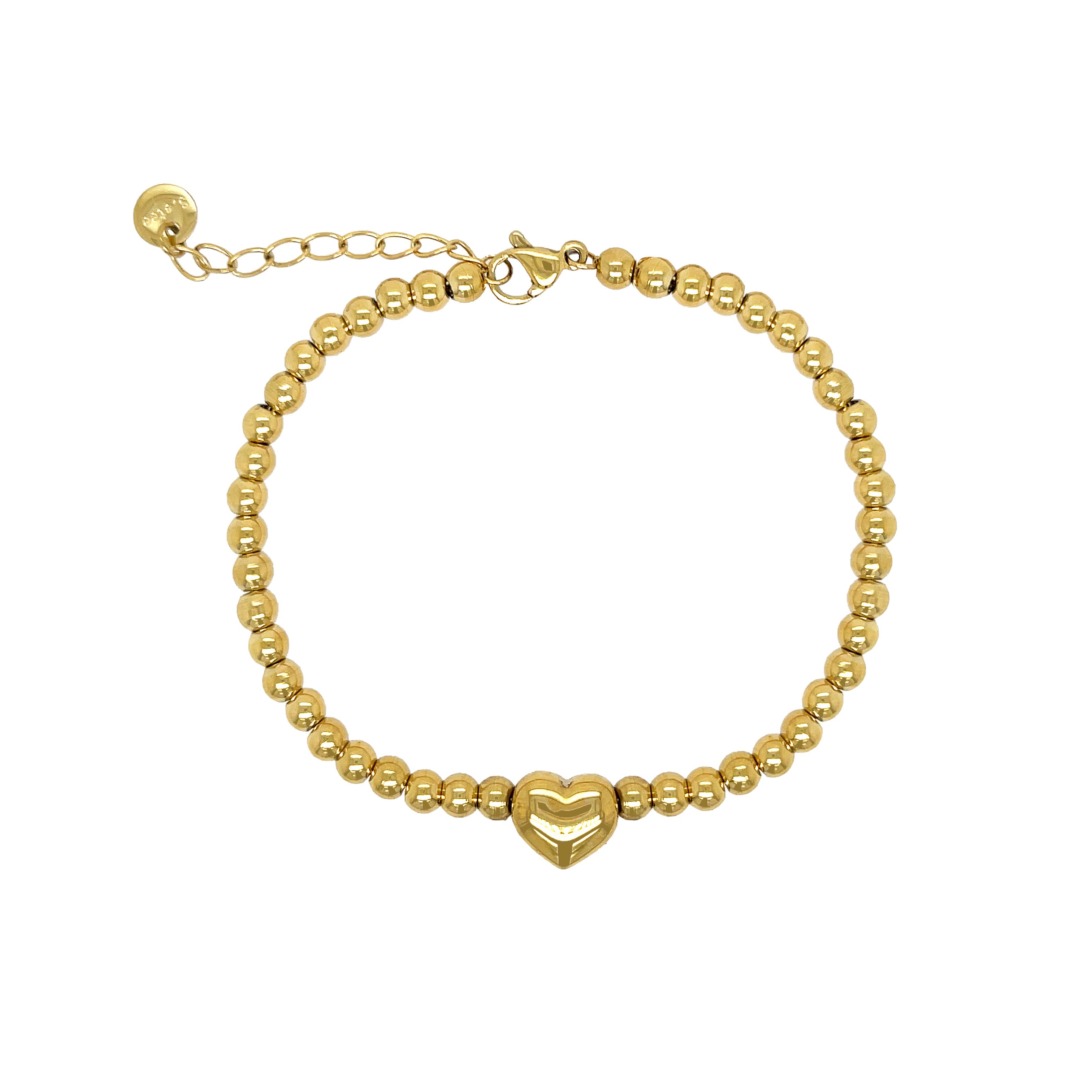 Puff Heart Beaded Bracelet  Yellow Gold Plated Puff Heart: 0.36" Long X 0.30" Wide 4MM Ball Beads 6.75-8" Adjustable Length  While supplies last. All Deals Of The Day sales are FINAL SALE.