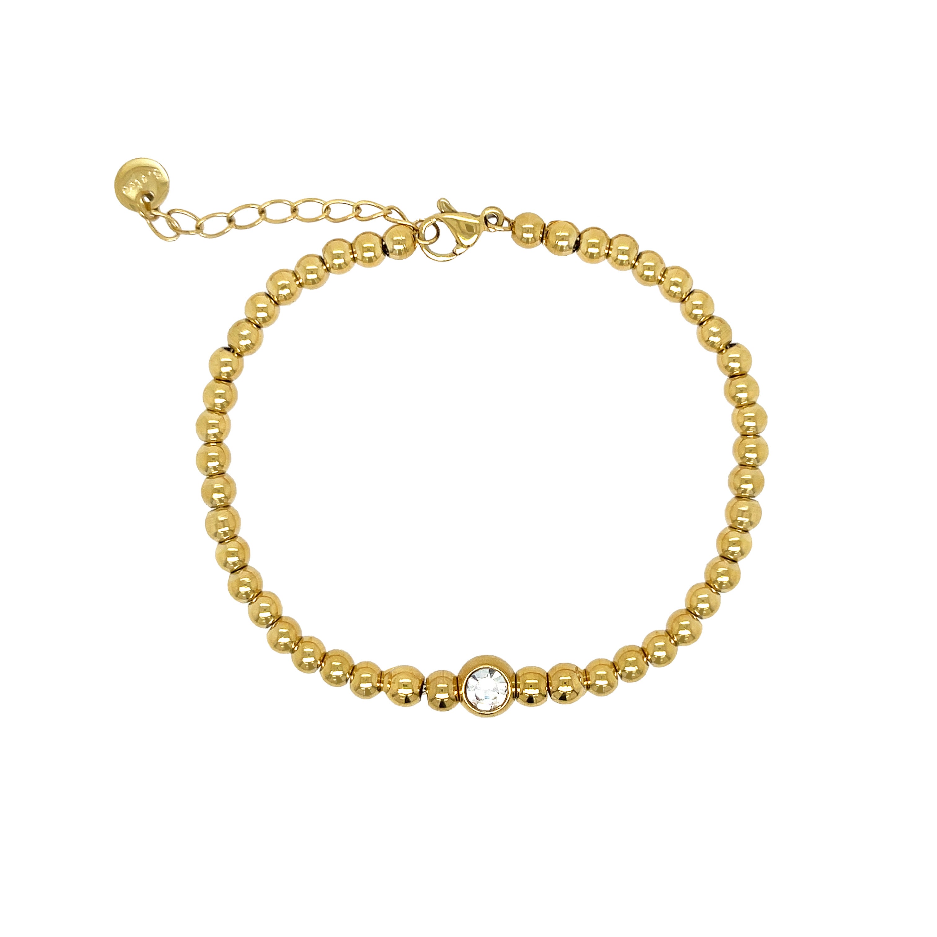 CZ Bezel Beaded Bracelet  Yellow Gold Plated CZ Bezel: 0.23" Wide 4MM Ball Beads 6.75-8" Adjustable Length  While supplies last. All Deals Of The Day sales are FINAL SALE.