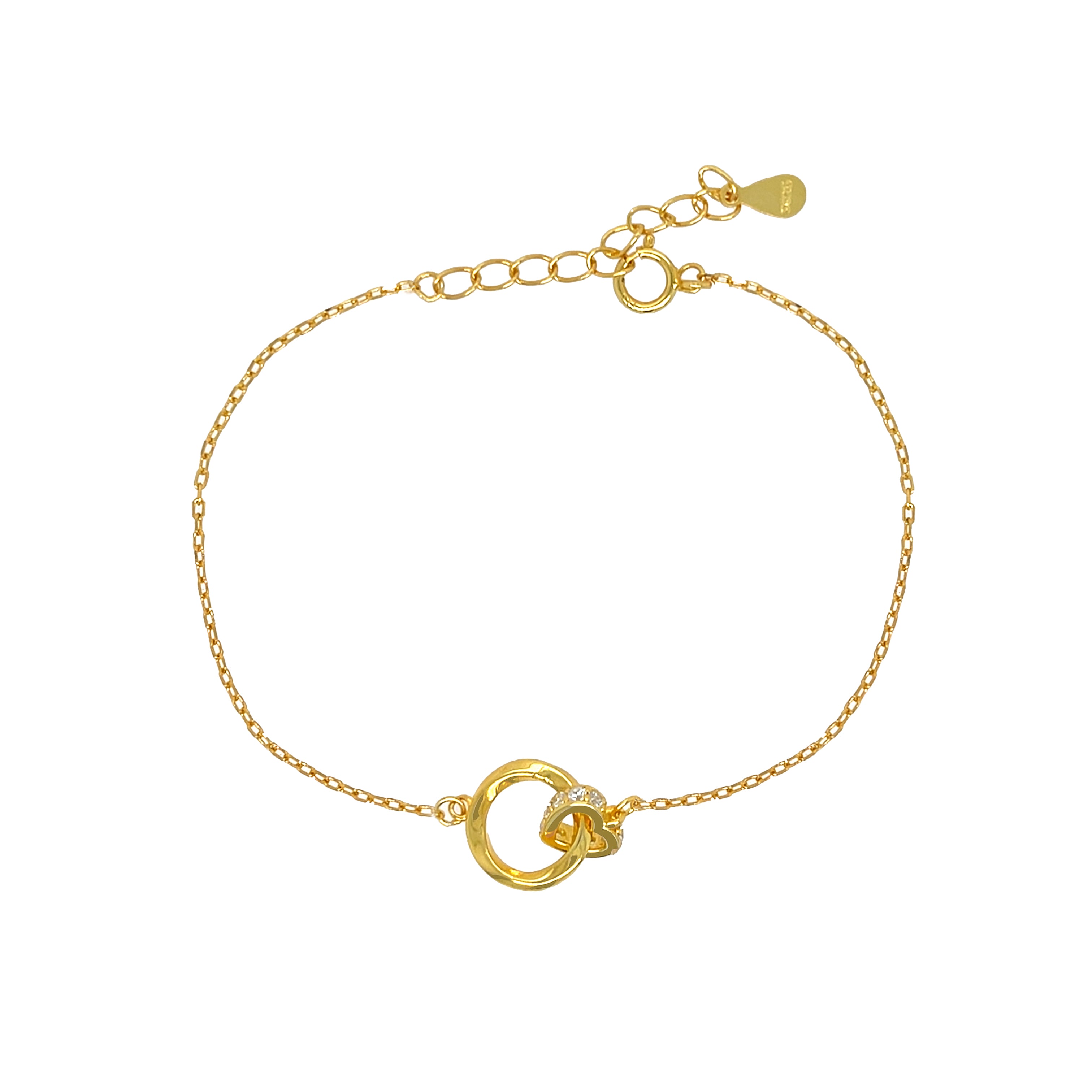 CZ Heart &amp; Circle Interlocking Chain Bracelet

Yellow Gold Plated Over Silver
0.25" Long
6-7" Adjustable Length