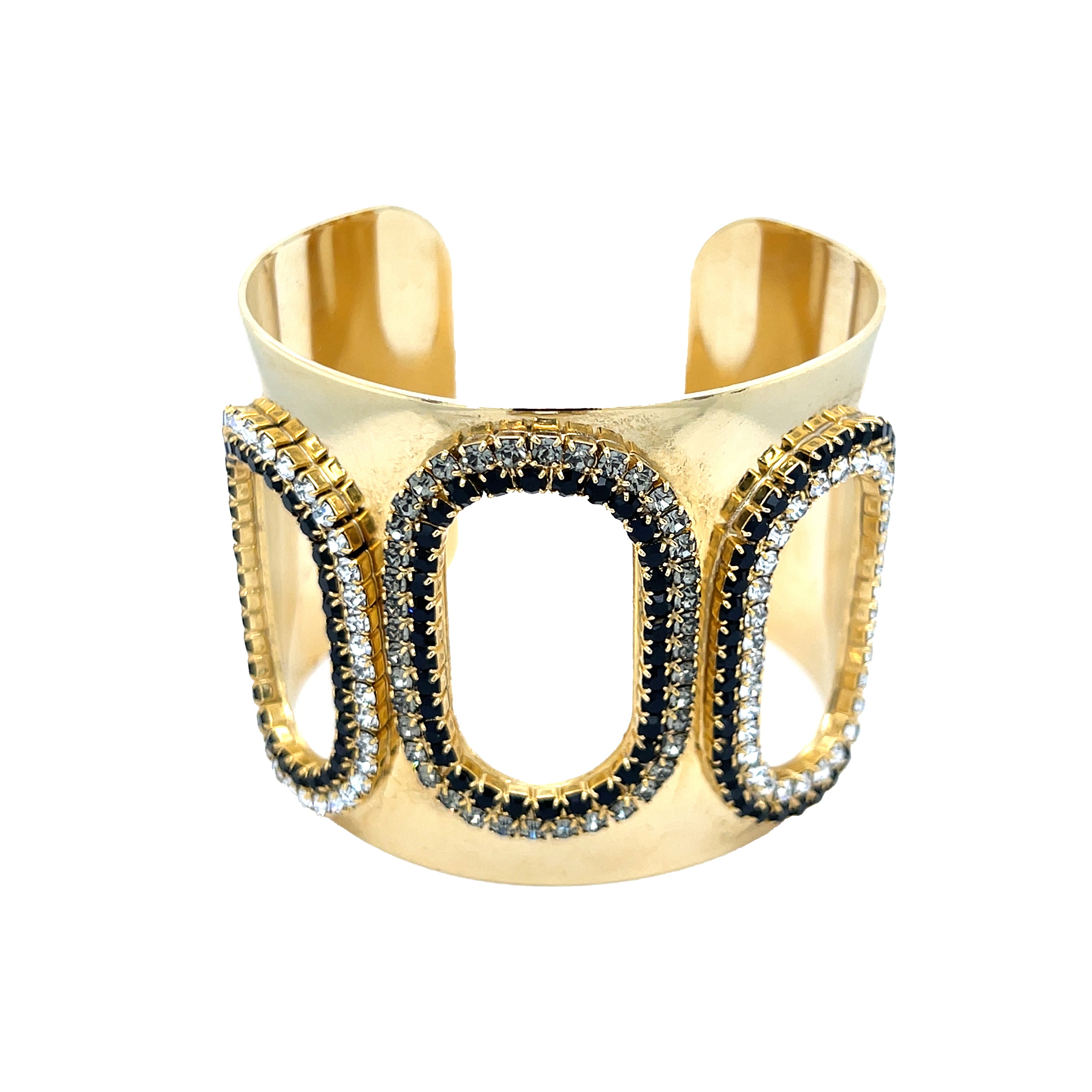 Black &amp; Clear Oval Cutout Cuff Bracelet

Yellow Gold Plated
1.94" Wide
