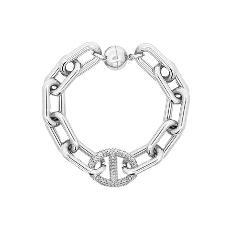 Pave CZ Mariner Chain Link Bracelet  White Gold Plated 7.5" Length Center Link: 0.68" Long X 0.83" Wide