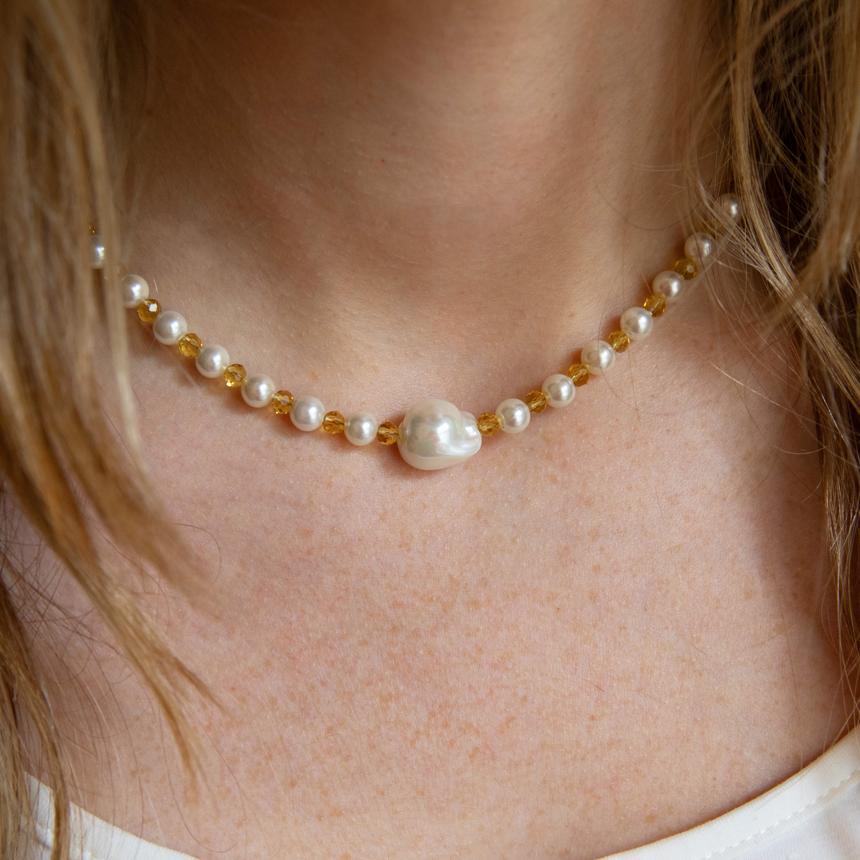 Gold Beaded &amp; Pearl Necklace  Yellow Gold Plated 15.5-17.5" Adjustable Length  Large Pearl: 0.41" Wide    While supplies last. All Deals Of The Day sales are FINAL SALE.