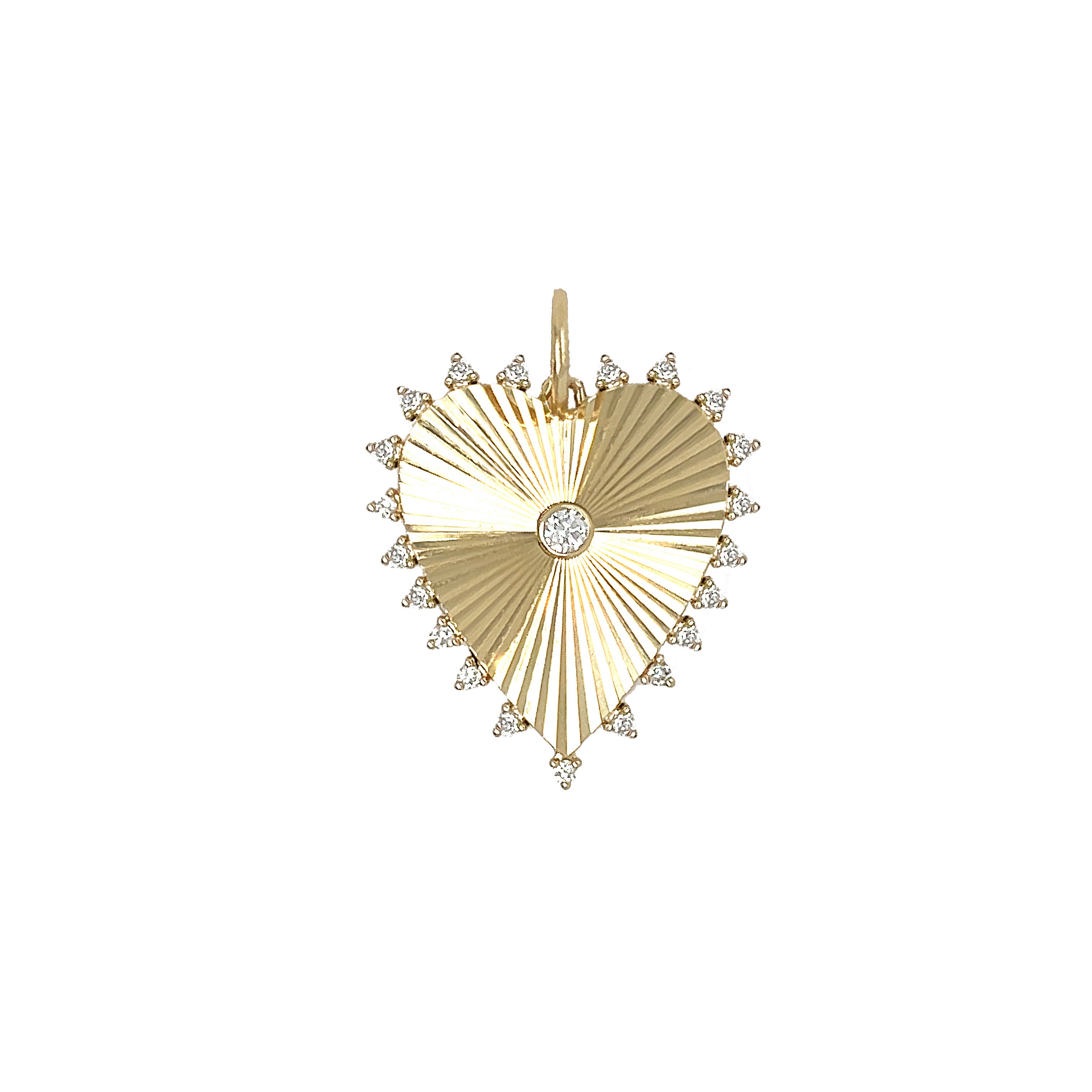 <p>Diamond Ridged Heart Charm</p> <ul> <li>14K Yellow Gold</li> <li>0.23 Diamond Carat Weight</li> <li>0.95" Wide</li> </ul>