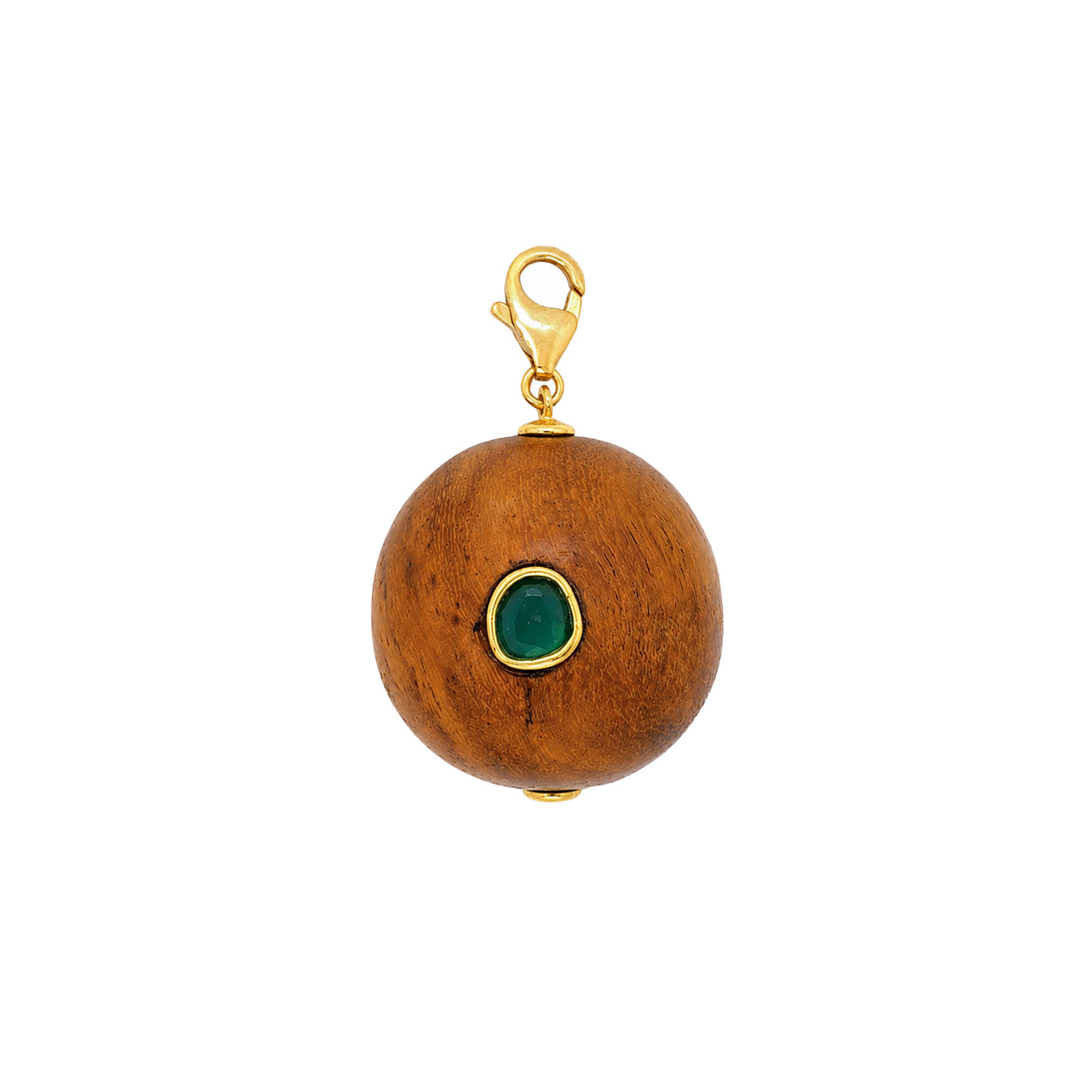 Teak Wood &amp; Chrysoprase Ball Charm

Yellow Gold Plated
1.94" Long x 1.18" Wide