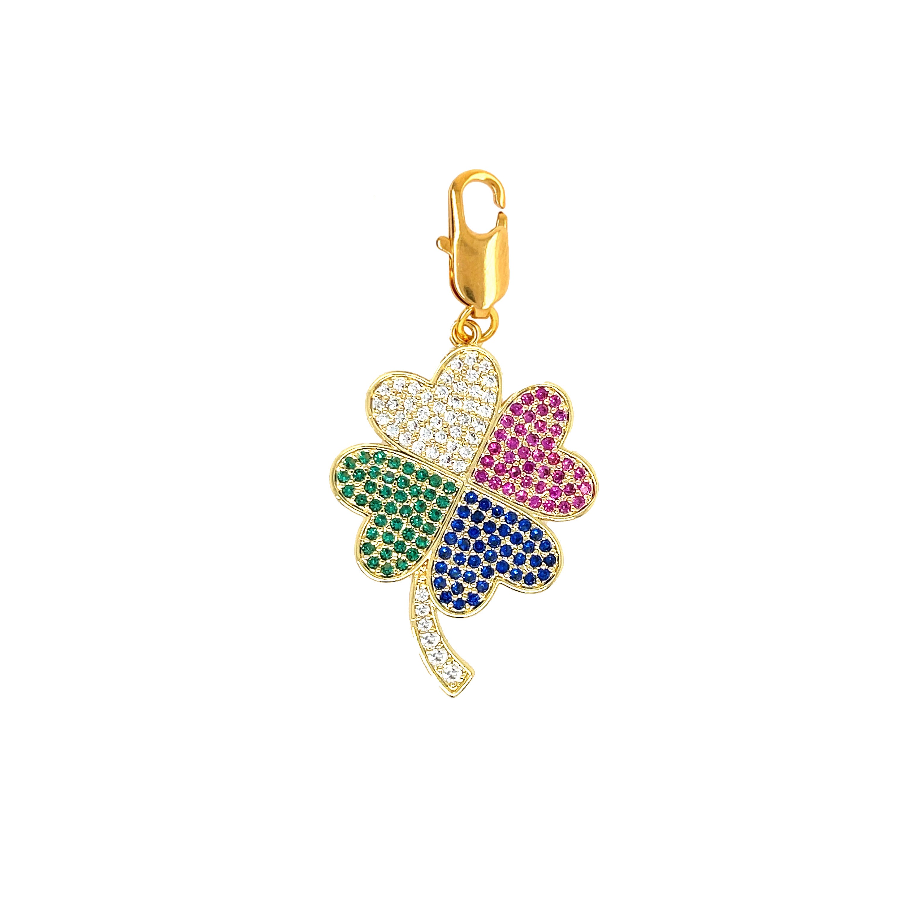 Multi Color Pave CZ Leaf Clover Charm  Yellow Gold Plated 1.94" Long X 0.93" Wide