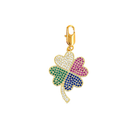 Multi Color Pave CZ Leaf Clover Charm  Yellow Gold Plated 1.94" Long X 0.93" Wide
