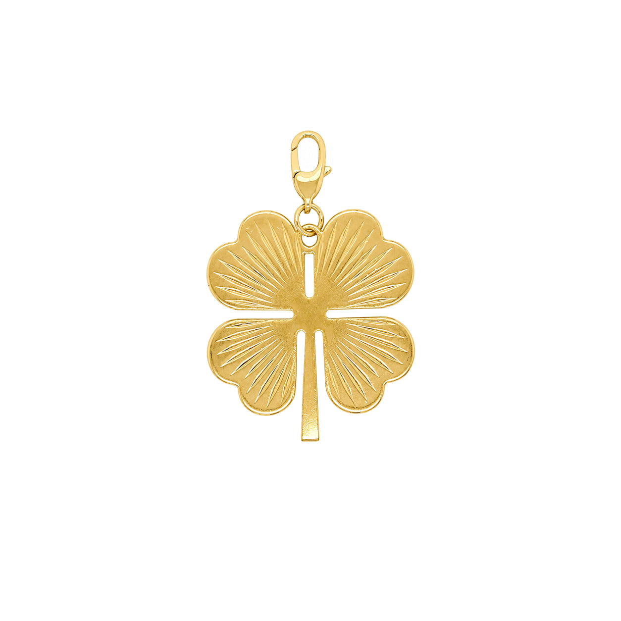 Texture Clover Charm

Bring a little luck to your everyday look with this radiant four-leaf clover charm. Crafted in yellow gold plating with an engraved sunburst finish, it easily clips onto your favorite chain, bracelet, or charm necklace for a personalized look. A timeless symbol of luck and positivity, it's the perfect piece to wear every day or gift to someone special.

Yellow Gold Plated
1.80" Long X 1.21" Wide