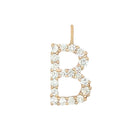 Letter B 14K Yellow Gold Diamond Letter Charm 14K Yellow Gold Diamond Carat Weight depends on the letter Each Diamond: 2MM Approximately 0.64" High X 0.50" Wide 0.25" X 0.18" Charm Bail