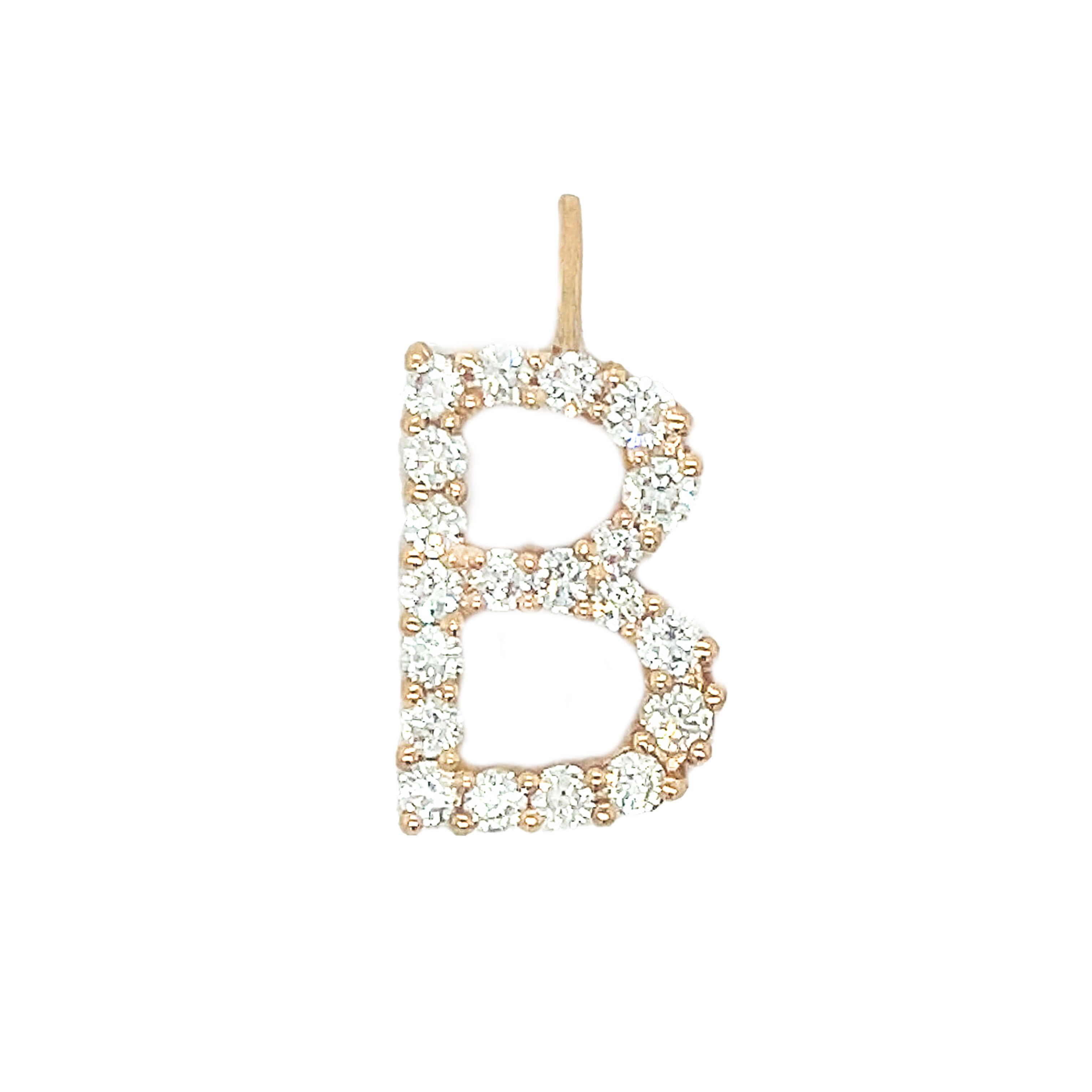 Letter B 14K Yellow Gold Diamond Letter Charm 14K Yellow Gold Diamond Carat Weight depends on the letter Each Diamond: 2MM Approximately 0.64" High X 0.50" Wide 0.25" X 0.18" Charm Bail