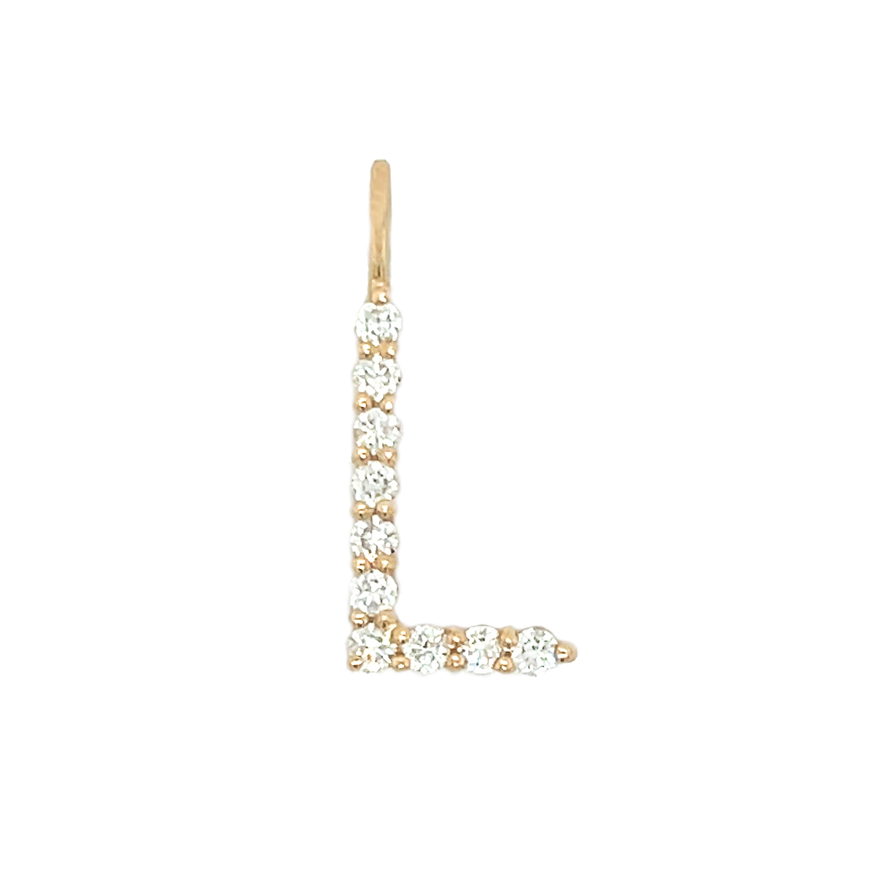 Letter L 14K Yellow Gold Diamond Letter Charm 14K Yellow Gold Diamond Carat Weight depends on the letter Each Diamond: 2MM Approximately 0.64" High X 0.50" Wide 0.25" X 0.18" Charm Bail