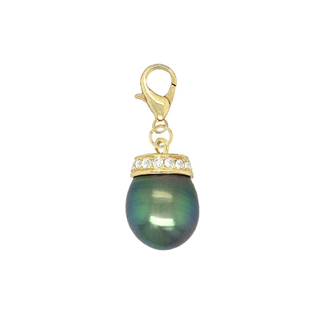 Small Grey Pearl & Crystal Charm   Yellow Gold Plated Over Silver  Cubic Zirconia  0.5"Length X 0.5" Width
