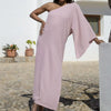 Pink One Shoulder Long Sleeve Maxi Dress  Side Opening to Knee Height