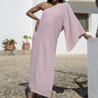 Pink One Shoulder Long Sleeve Maxi Dress  Side Opening to Knee Height