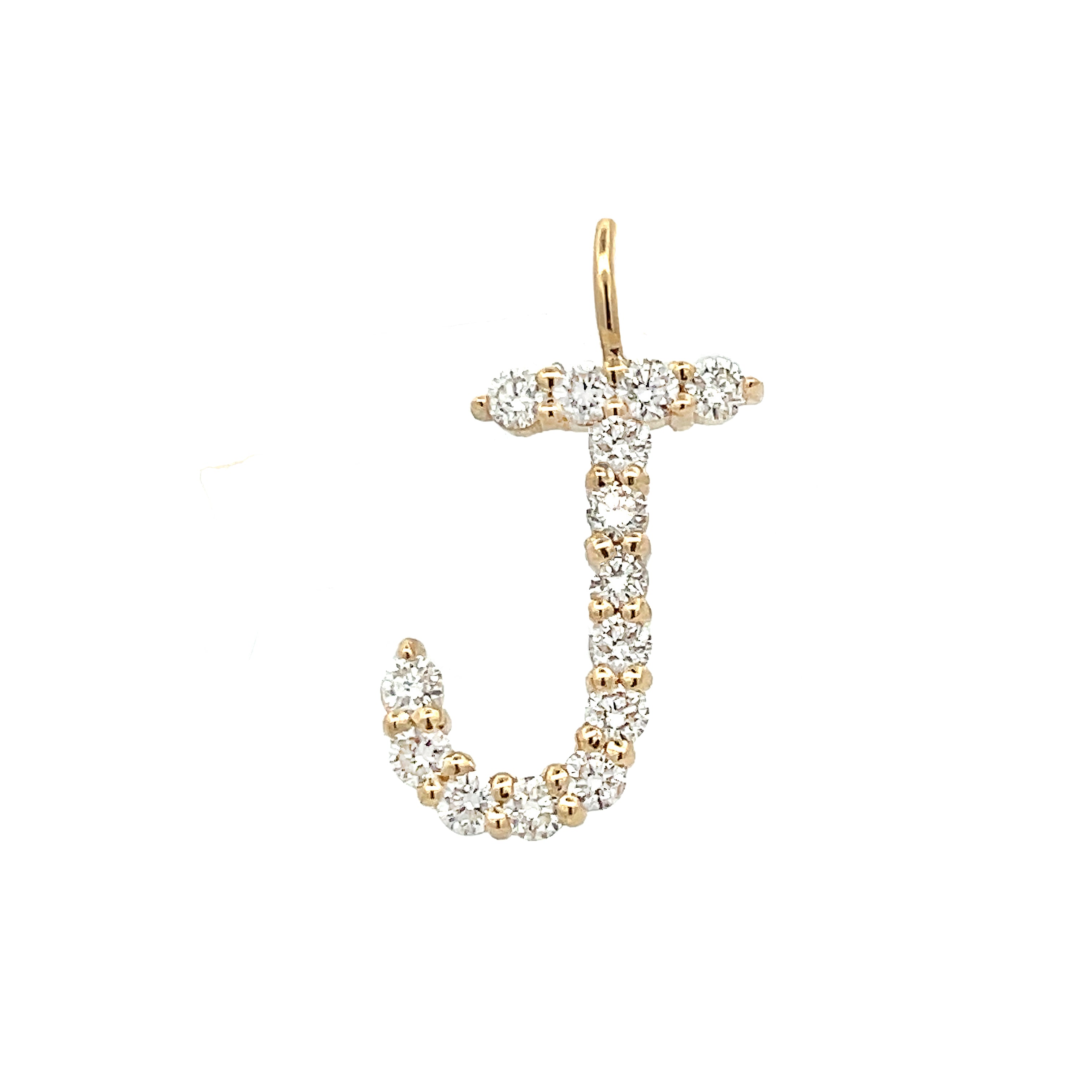 Letter J 14K Yellow Gold Diamond Letter Charm 14K Yellow Gold Diamond Carat Weight depends on the letter Each Diamond: 2MM Approximately 0.64" High X 0.50" Wide 0.25" X 0.18" Charm Bail