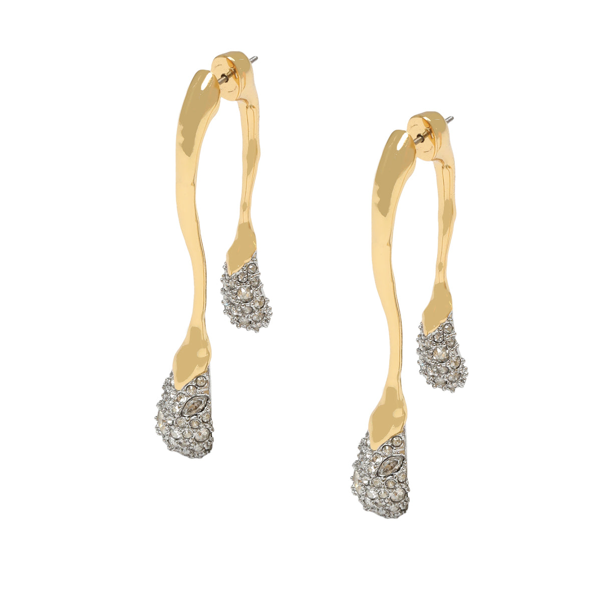 Gold  earrings with crystal drops on a white background