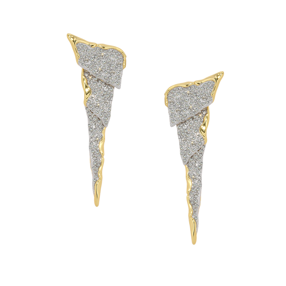 Pair of gold and silver triangle-shaped earrings on a white background
