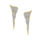 Pair of gold and silver triangle-shaped earrings on a white background