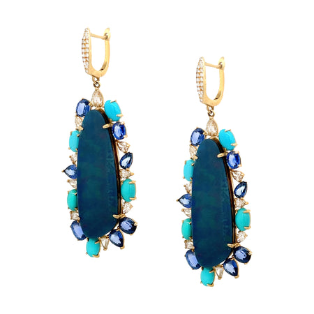Sapphire, Blue Opal, Turquoise, & Diamond Pierced Earrings  14K Yellow Gold 5.97 Sapphire Carat Weight 1.75 Diamond Carat Weight 2.25" Long X 0.75" Wide