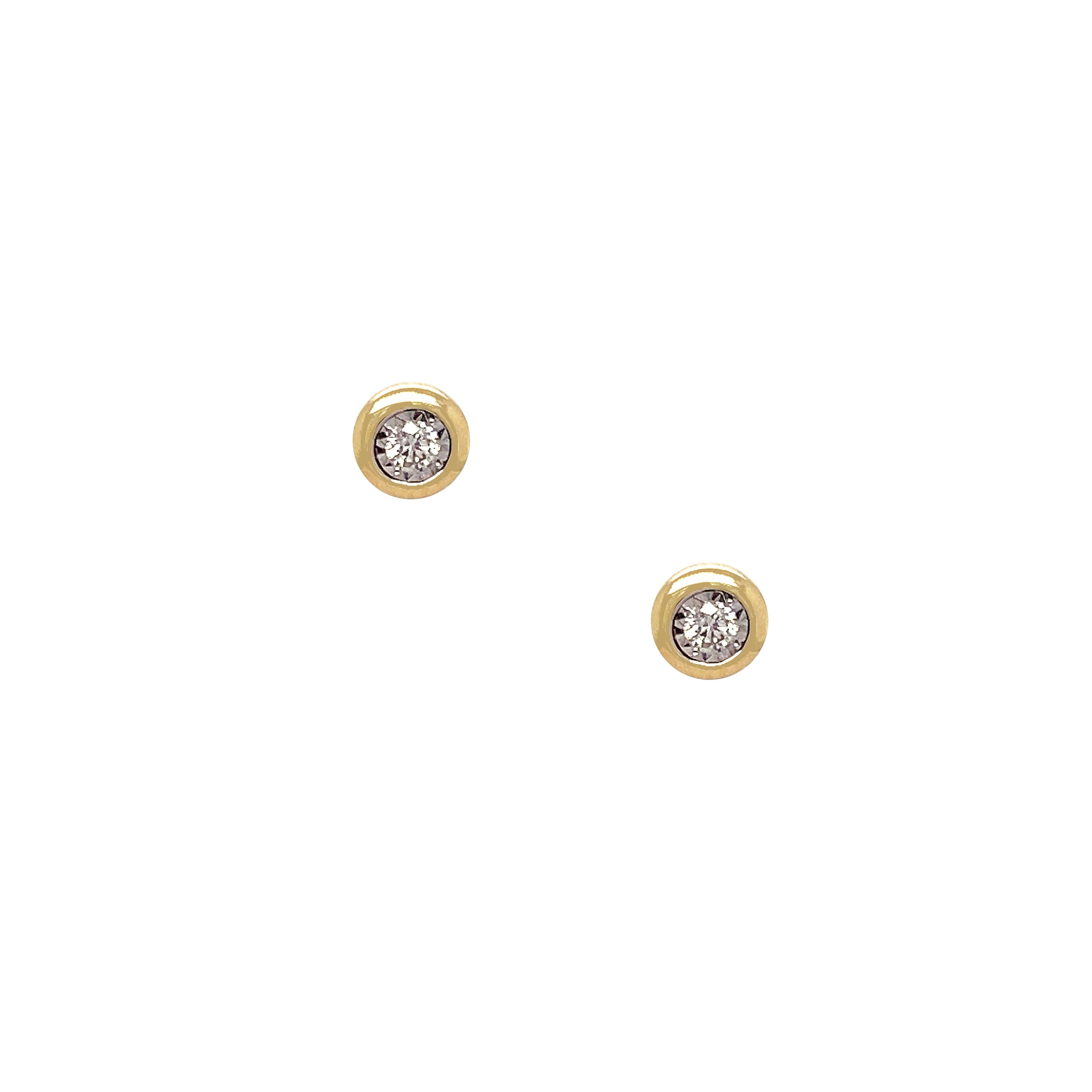 Small Diamond Bezel Stud Pierced Earrings  14K Yellow Gold 0.08 Diamond Carat Weight 0.19" Wide