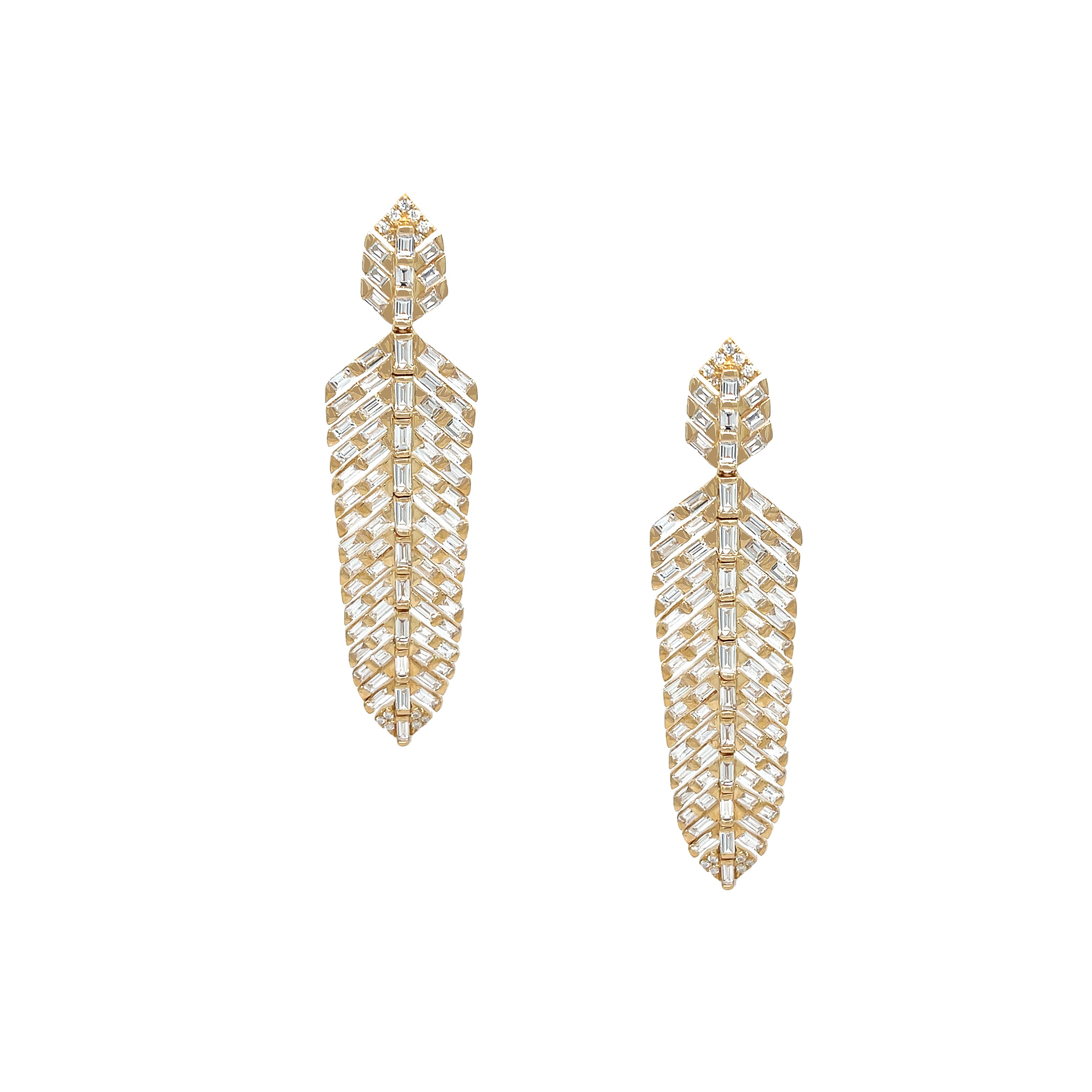 Baguette Diamond Feather Pierced Earrings

Introducing our Diamond Feather Earrings! Adorned with baguette diamonds, these earrings are more than just a fashion statement - they're a unique, art deco inspired accessory. Add a touch of elegance and personality to any outfit with these stunning feather-shaped earrings.

14K Yellow Gold
6.30 Diamond Carat Weight
2.45" Long X 0.61" Wide