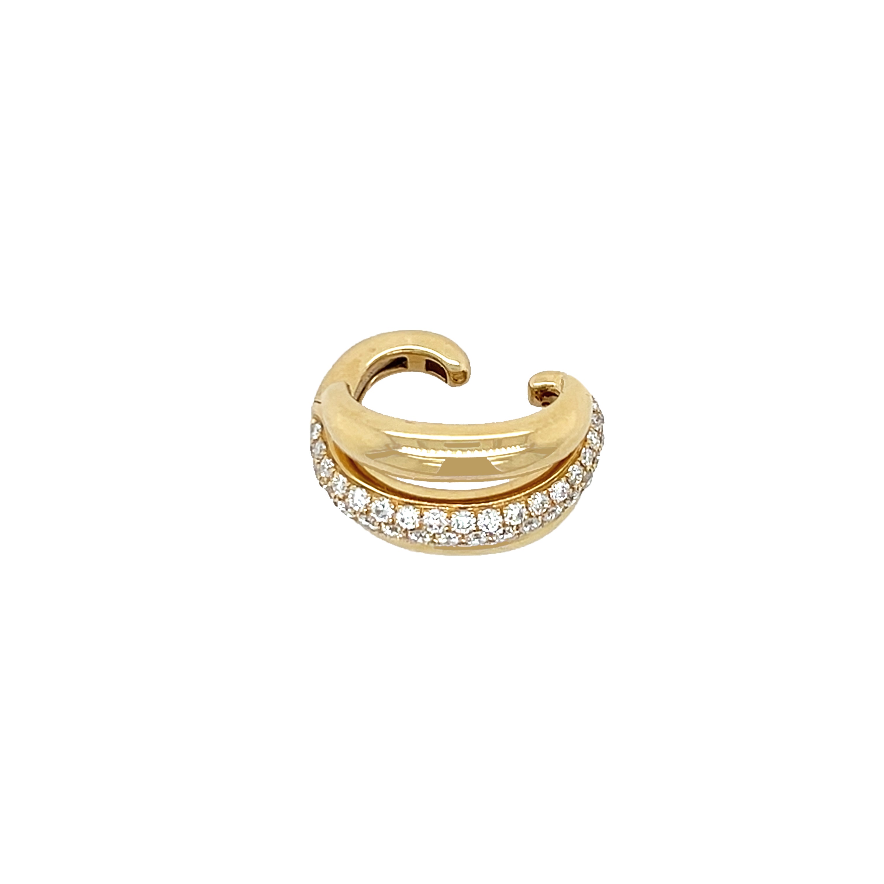 Pave Diamond Triple Band Ear Cuff

Elevate your style with this diamond triple band ear cuff, designed to be worn without the need for a piercing. It features three stacked bands with a shimmering center row of pave set diamonds, perfect alone or layered for a modern, refined look.

18K Yellow Gold
0.75" X 0.58"
0.72 Diamond Carat Weight