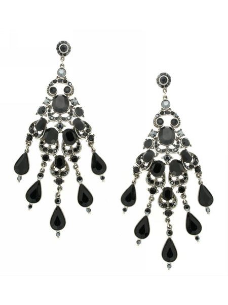 Black Stone Chandelier Drop Pierced Earrings

White Gold Plated
4.5" Long X 2" Wide