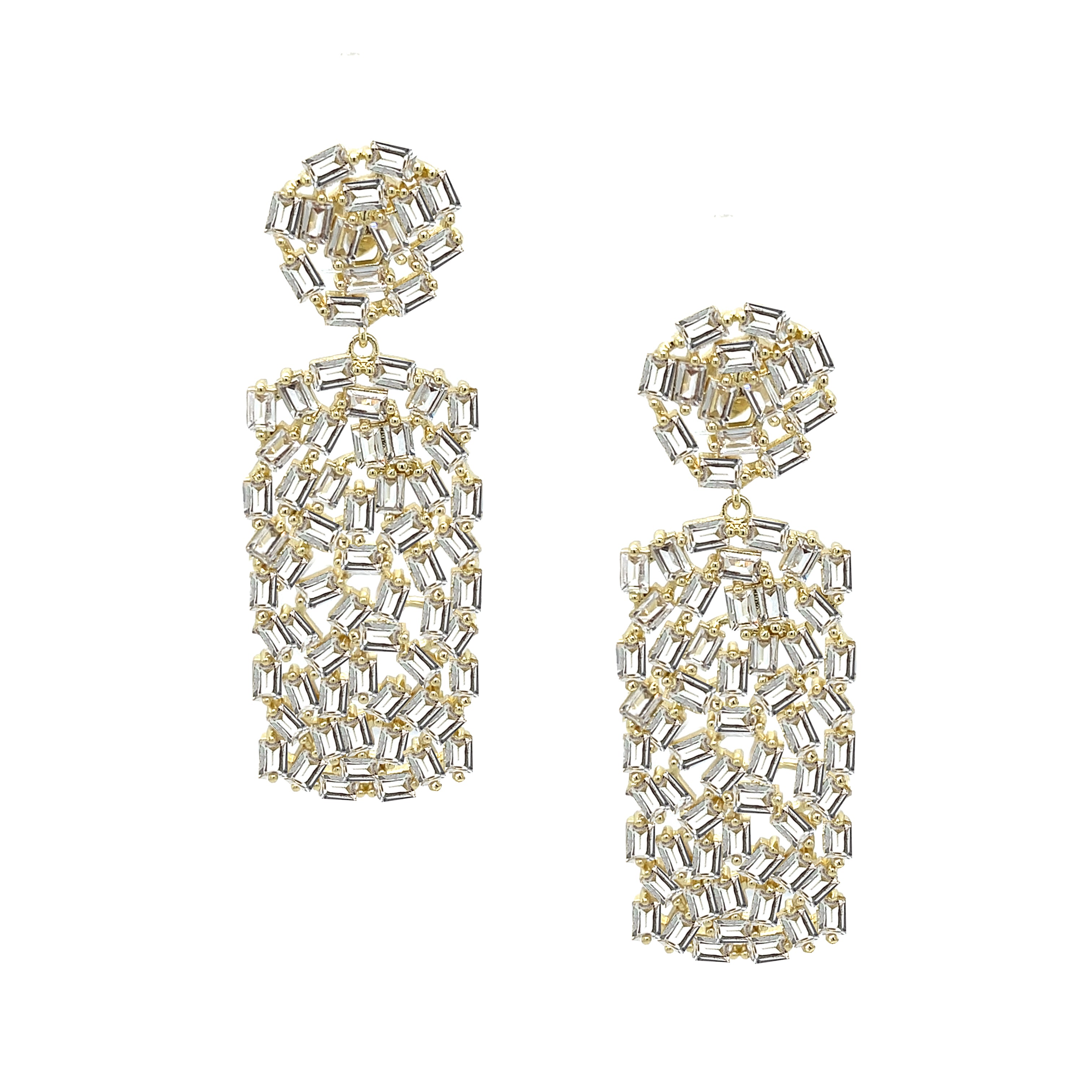 Yellow Gold–Plated Pierced Pave Stone Double Drop Earrings
