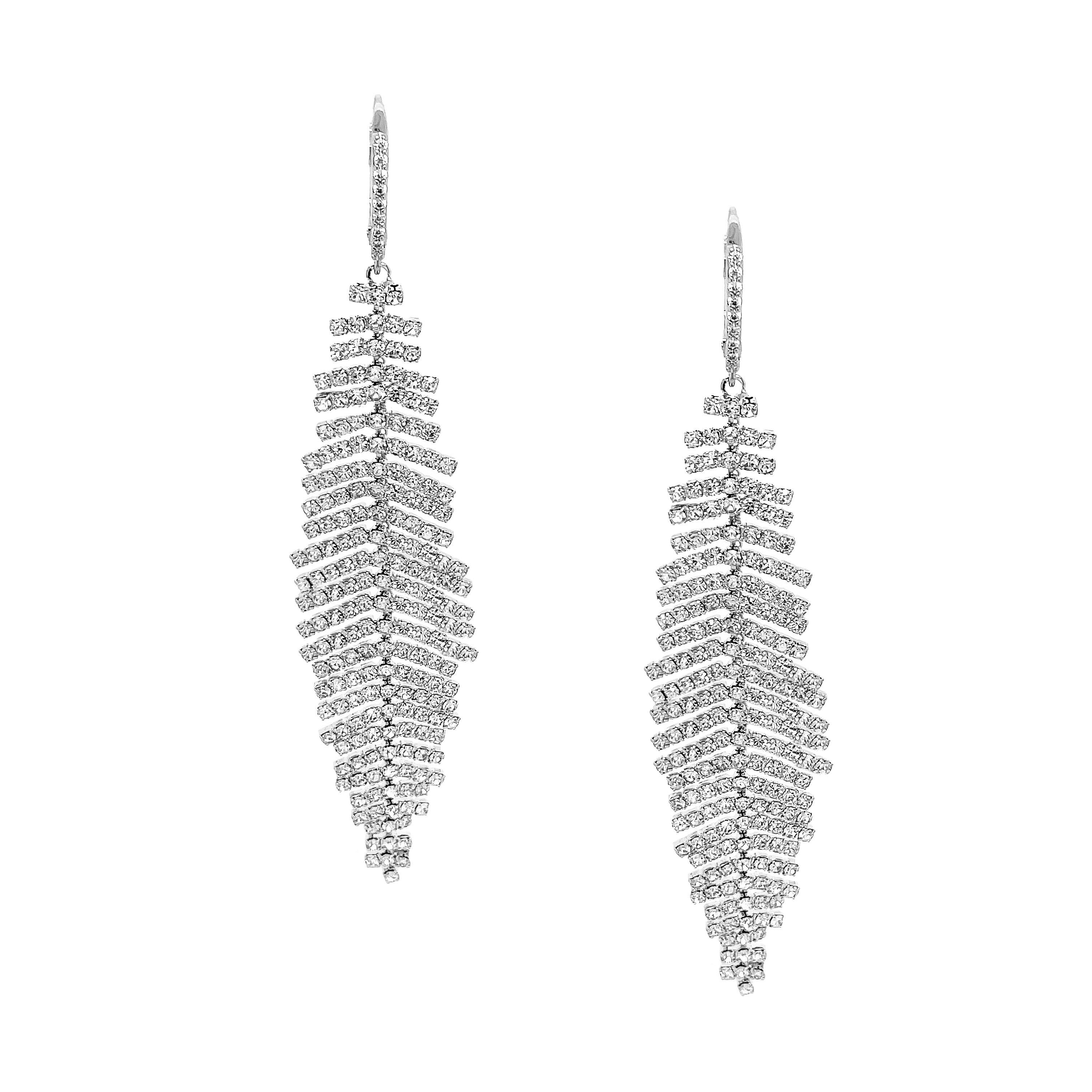 Small Pave CZ Teardrop Feather Pierced Earrings  White Gold Plated 3.40" Long X 0.72" Wide