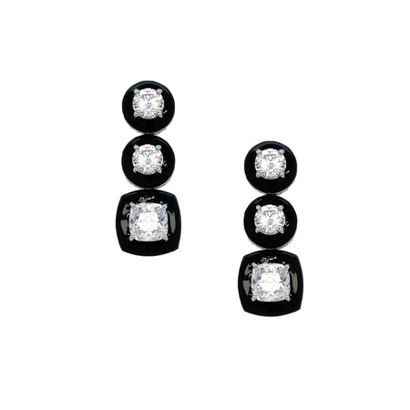 Black Enamel CZ Pierced Earrings  White&nbsp;Gold Plated Over Silver 1.50" Long X 0.54" Wide