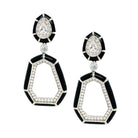 Black Enamel CZ Pierced Earrings  White Gold Plated Over Silver 2.45" Long X 1.15" Wide