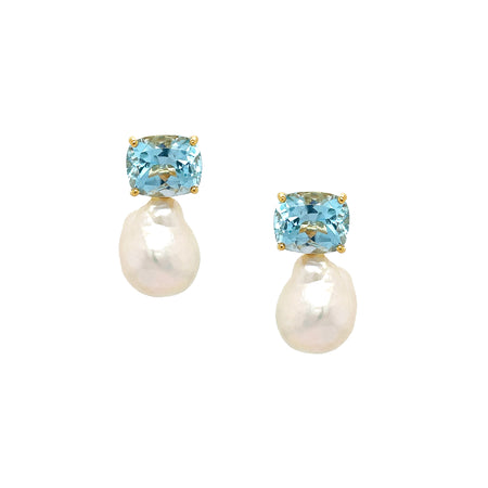 Blue Topaz & Pearl Drop Earrings  Yellow Gold Plated Over Silver 1.15" Long X 0.50" Wide