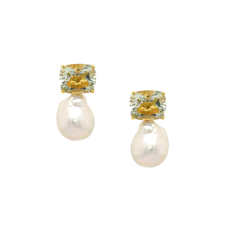 Green Amethyst & Pearl Drop Earrings  Yellow Gold Plated Over Silver 1.15" Long X 0.50" Wide view 1