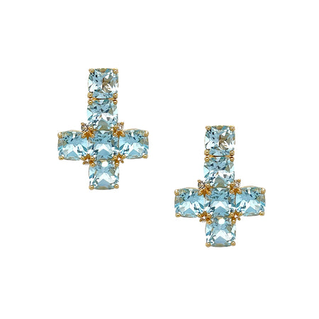 Blue Topaz Cross Pierced Earrings  Yellow Gold Plated Over Silver 0.96" Long X 0.72" Wide