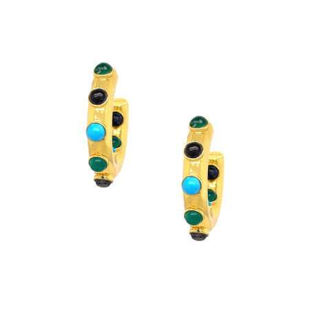 <p>Turquoise, Green Onyx, &amp; Iolite Stone Pierced Hoop Earrings</p> <ul> <li>Yellow Gold Plated</li> <li>1.15" Long X 0.22" Wide</li> </ul>