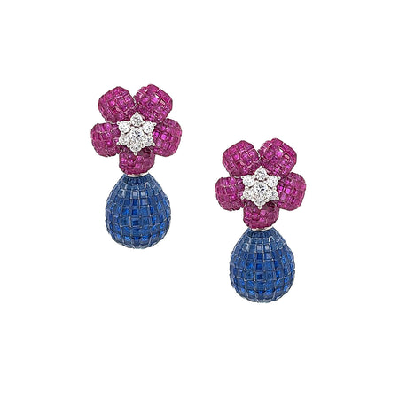 White Gold Plated Pink, Blue, & White CZ Pierced Flower Drop Pierced Earring  White Gold Plated 1.97" Long