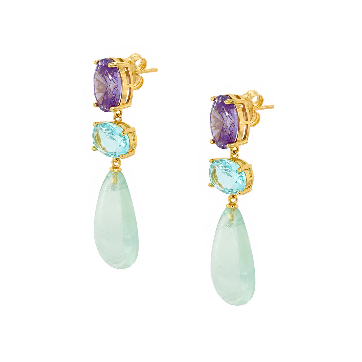 Aventurine &amp; Blue Crystal Amethyst Drop Pierced Earrings

Yellow Gold Plated Over Silver
1.95" Long X 0.55" Wide
Cubic Zirconia&nbsp;