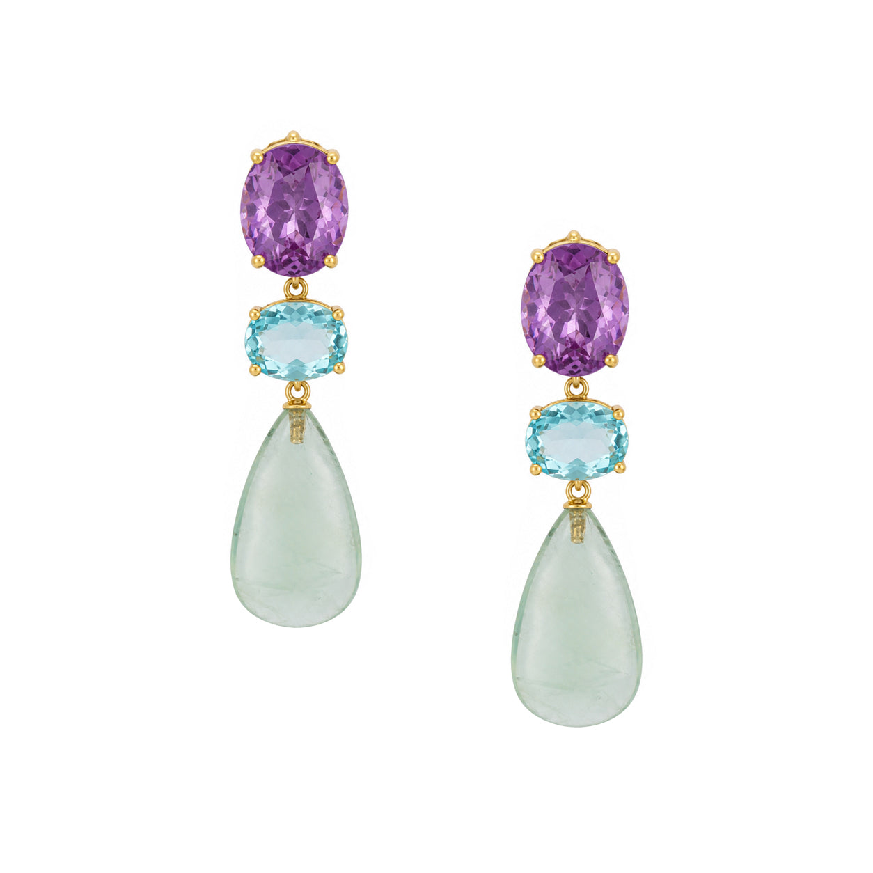 Aventurine &amp; Blue Crystal Amethyst Drop Pierced Earrings

Yellow Gold Plated Over Silver
1.95" Long X 0.55" Wide
Cubic Zirconia&nbsp;