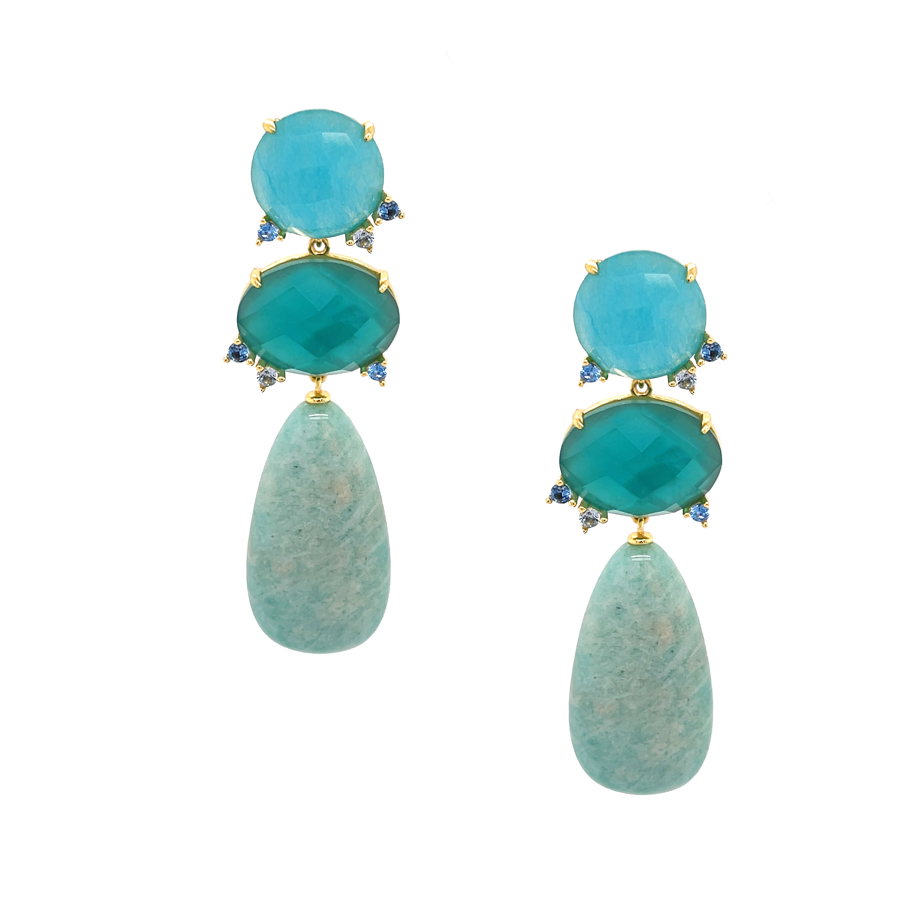 Blue Stone Triple Drop Pierced Earrings

These Blue Stone Drop Earrings feature unique blue-colored stones that add a subtle yet striking touch of sophistication to any ensemble. Their elegant design makes them perfect for elevating both everyday looks and special occasions.

Yellow Gold Plated Over Silver
2.35" Long X 0.62" Wide
