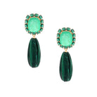 Green gemstone earrings with gold accents on a white background