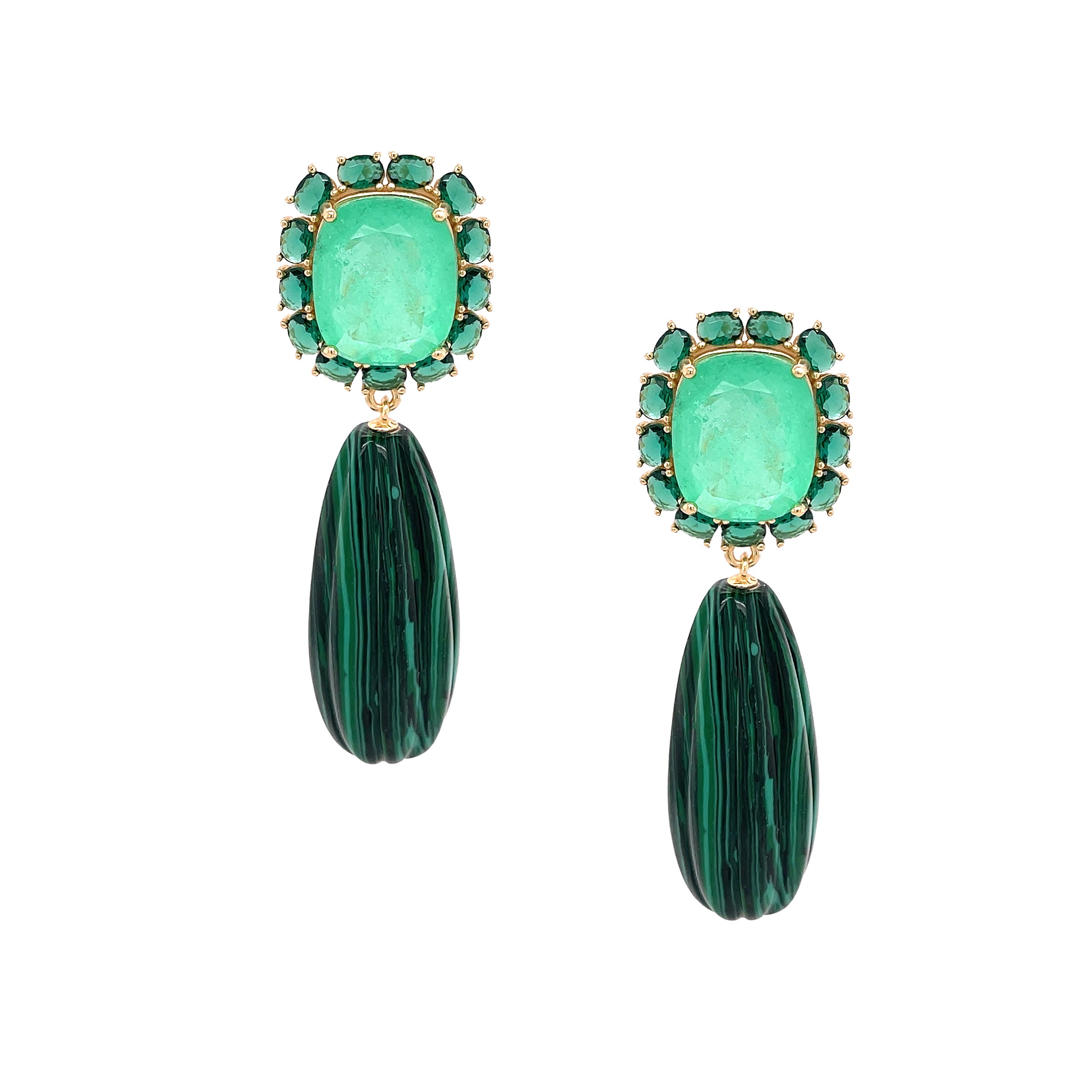 Green gemstone earrings with gold accents on a white background