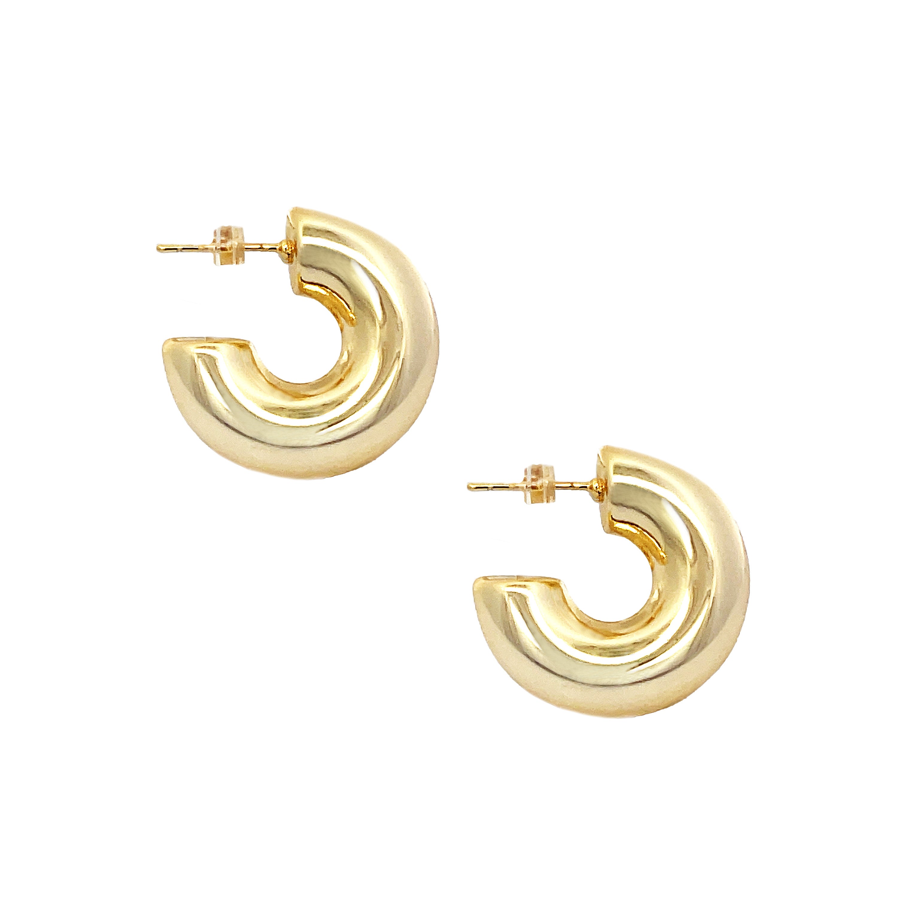 Chunky Medium Sized Hoop Pierced Earrings   Yellow Gold Plated 1.12" Diameter 0.38" Thick