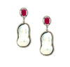 Diamond, Ruby &amp; Pearl Drop Pierced Earrings  Oxidized Yellow Gold Plating Over Silver 1.85" Long X 0.69" Wide