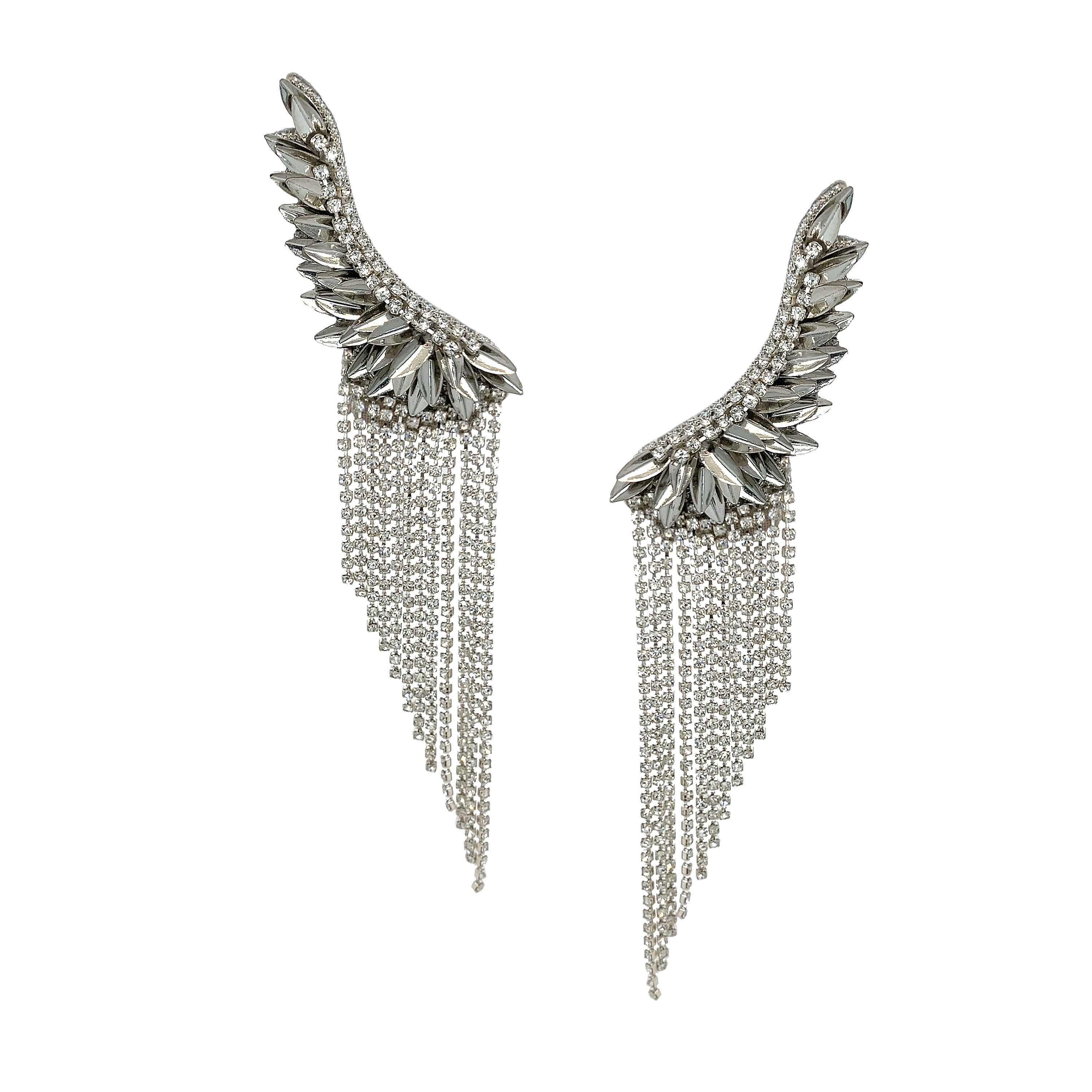 Pair of silver wing-shaped earrings with chain fringes on a white background