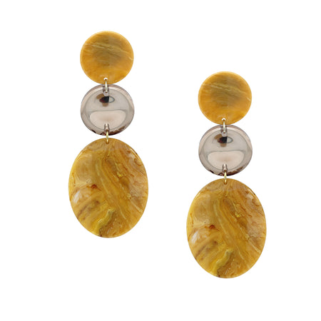 Tan Marble &amp; Mirror Resin Triple Drop Clip On Earrings

Yellow Gold Plated
4.80" Long X 1.82" Wide