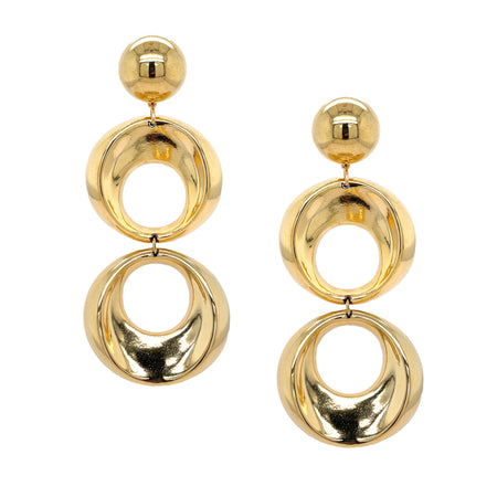 Round Triple Drop Clip On Earrings  Yellow Gold Plated 4.50" Long X 1.85" Wide