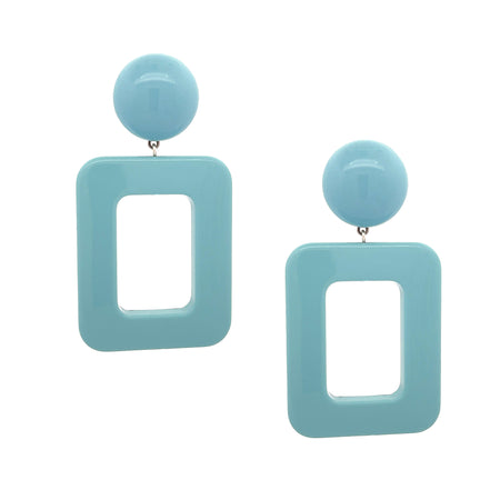 Blue Open Rectangle Resin Clip On Earrings  White Gold Plated 3" Long X 1.61" Wide