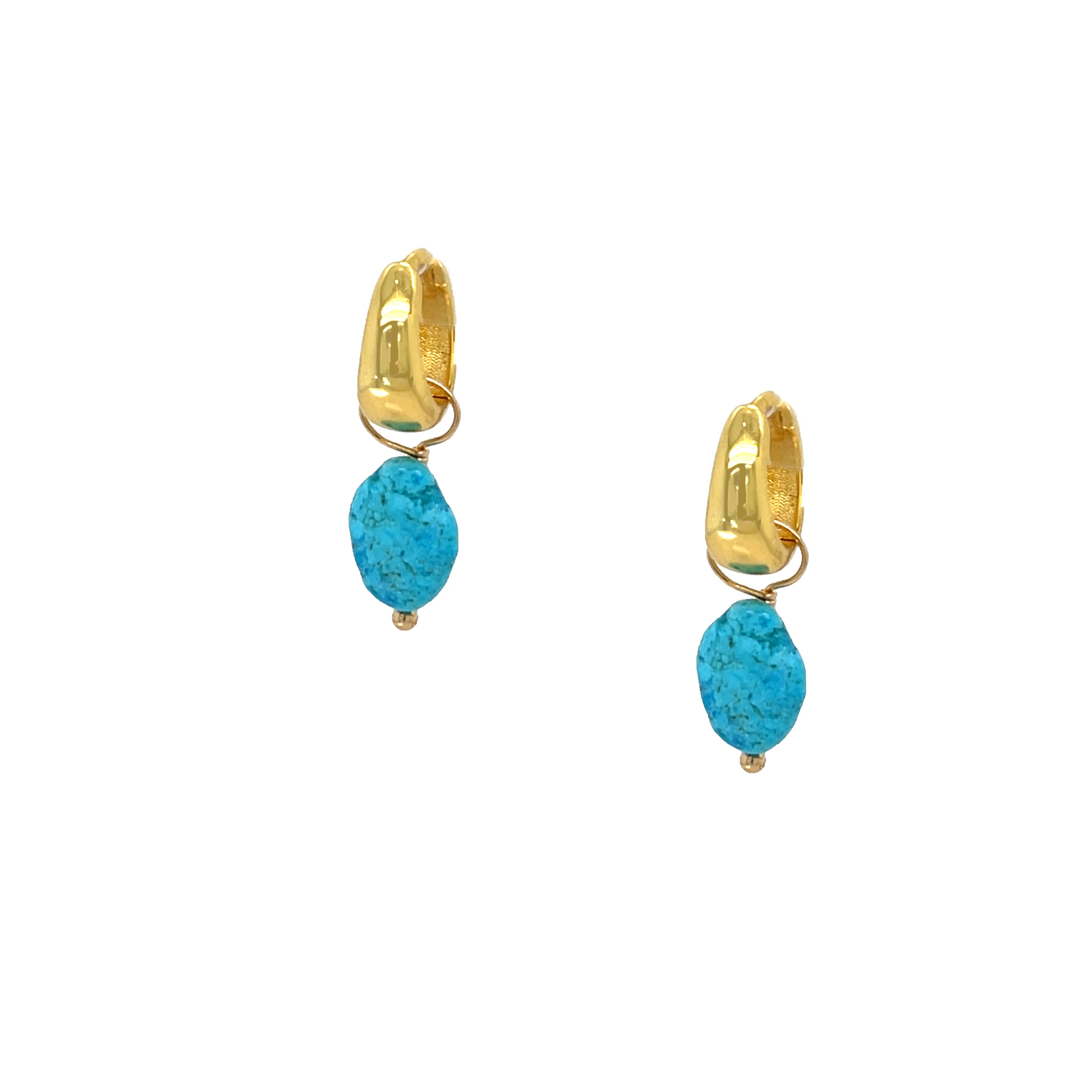 Gold hoop earrings with turquoise stones on a white background