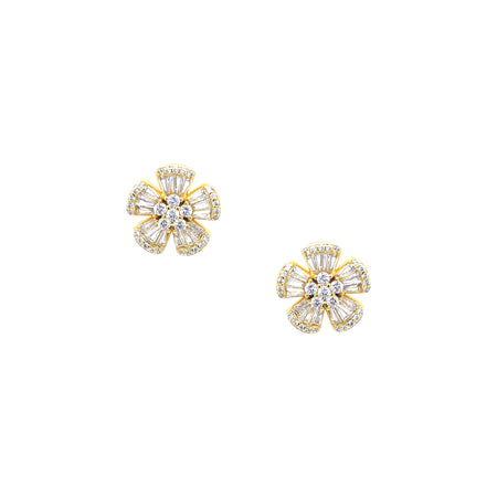 Multi-Stone Flower Stud Earrings  Yellow Gold Plated Cubic Zirconia  0.65" Diameter Pierced   