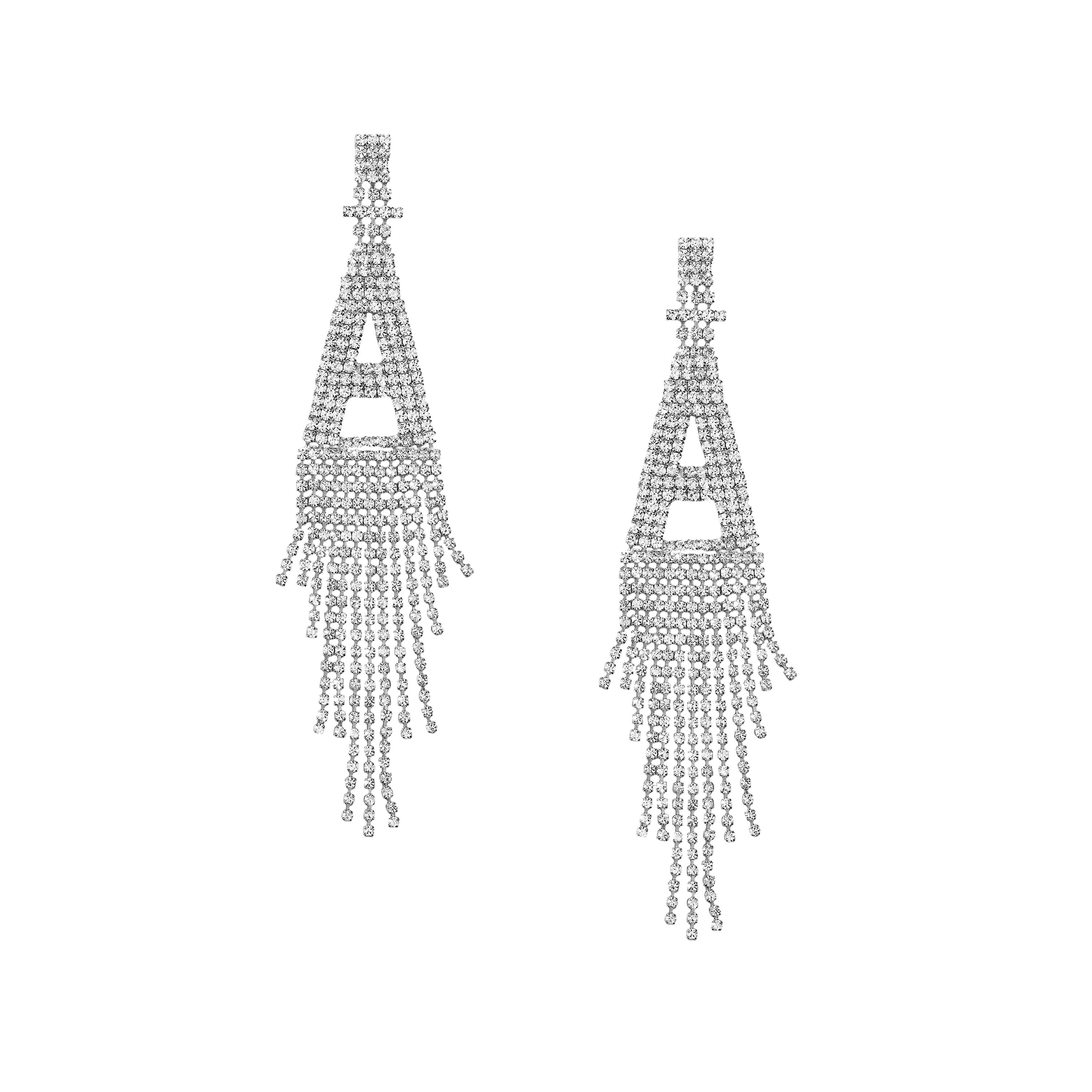 Fringe Initial CZ Drop Pierced Earrings  White Gold Plated