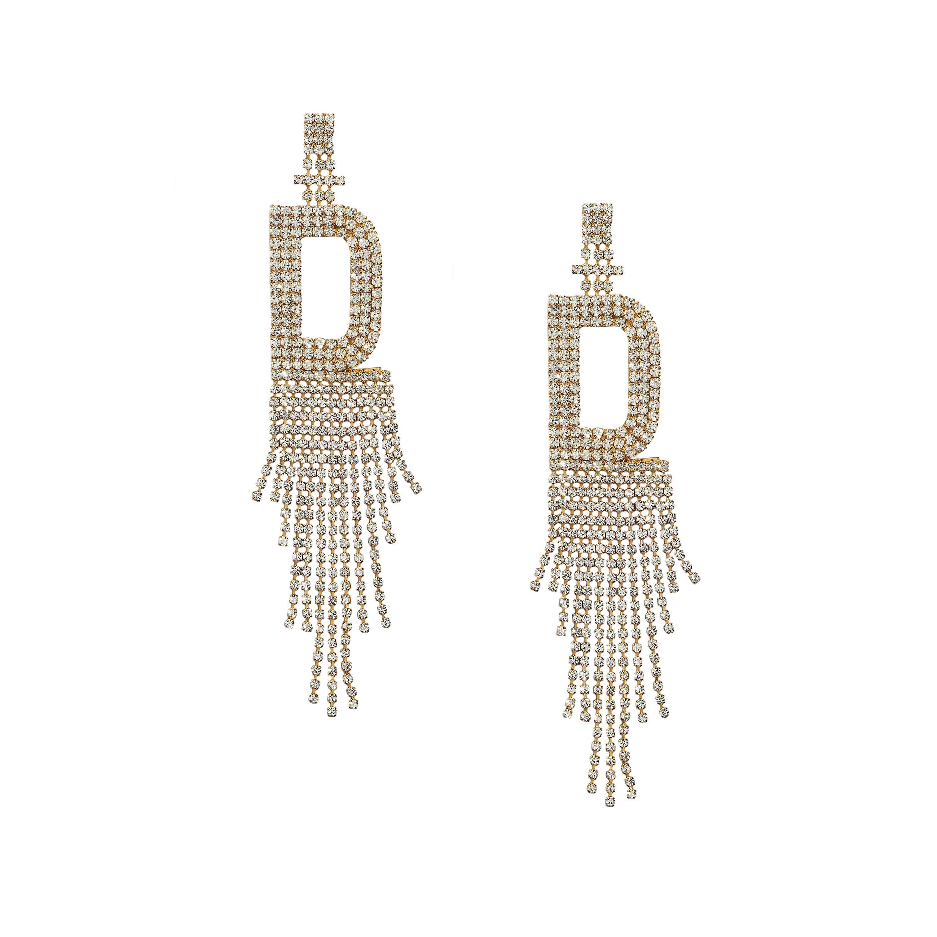 Fringe Initial CZ Drop Pierced Earrings  Yellow Gold Plated